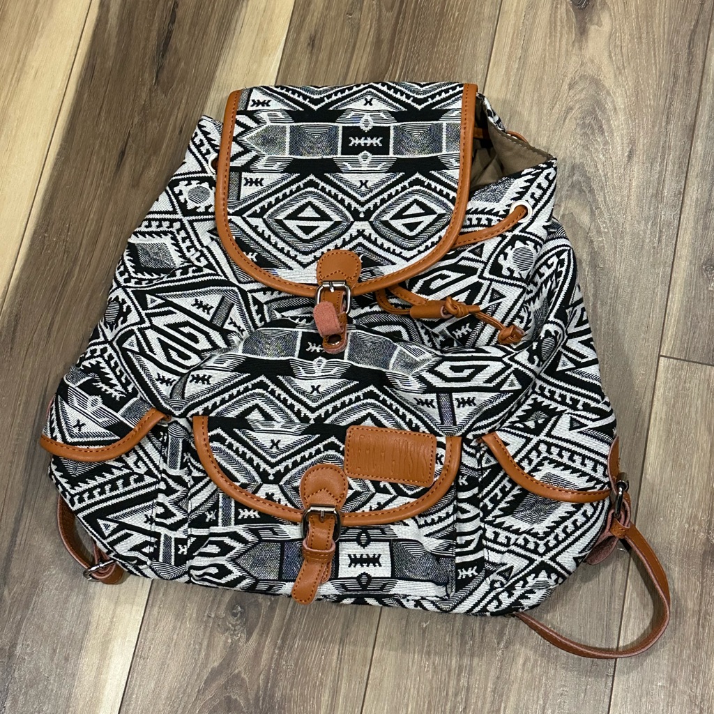 Aztec Patterned Black & White Backpack With Faux Leather Trim Nwot
